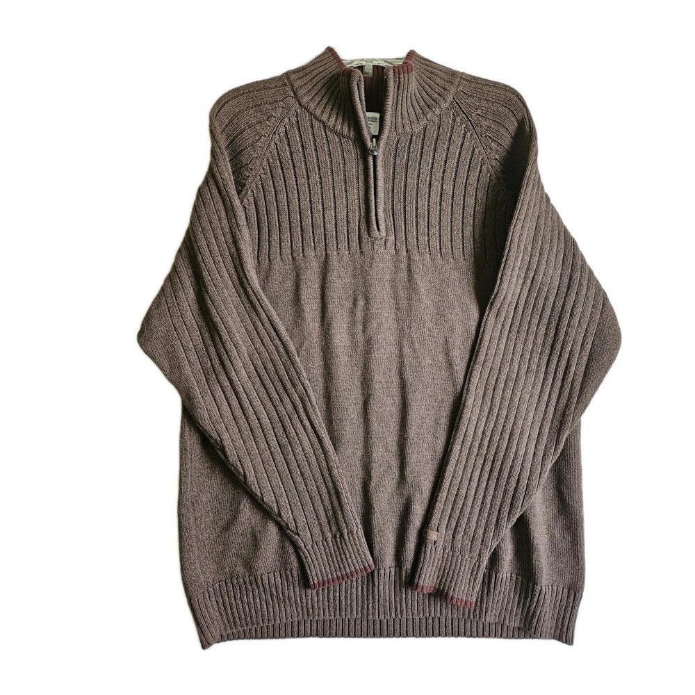 Columbia Brown Mock Neck 1/4 Zip Pullover Ribbed Sweater Men's XL Cotton EUC